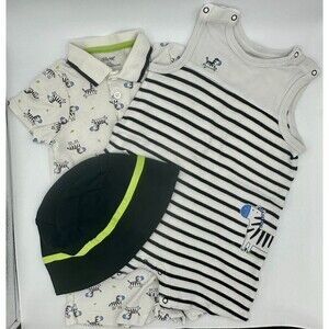 Little Me 3-Piece Set Romper Zebra Stripe Animal Black White Hat (958)